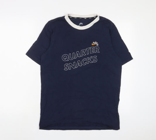 Nike Mens Blue Cotton T-Shirt Size S Crew Neck - Embroidered