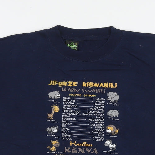 Punch Boys Blue Cotton Basic T-Shirt Size 12 Years Round Neck Pullover - Jungle Animals Text