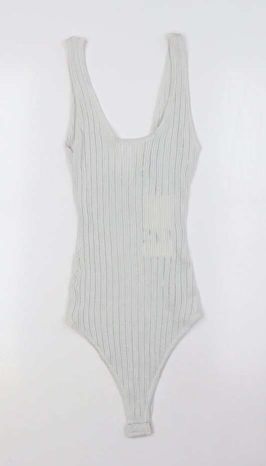 Zara Womens White Polyester Bodysuit One-Piece Size S Snap - Ribbed