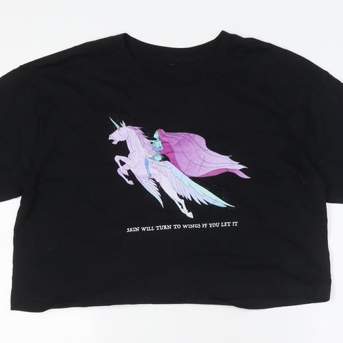 Earth Positive Womens Black Cotton Basic T-Shirt Size L Crew Neck - Unicorn