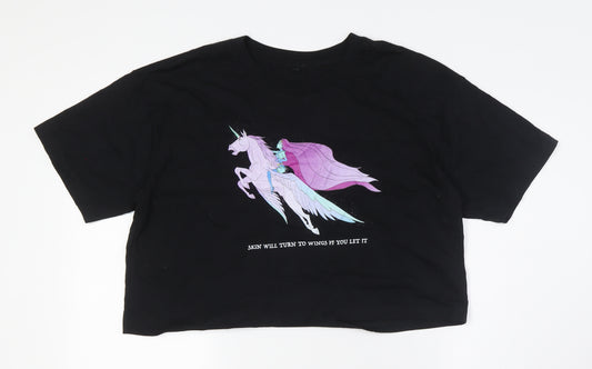 Earth Positive Womens Black Cotton Basic T-Shirt Size L Crew Neck - Unicorn