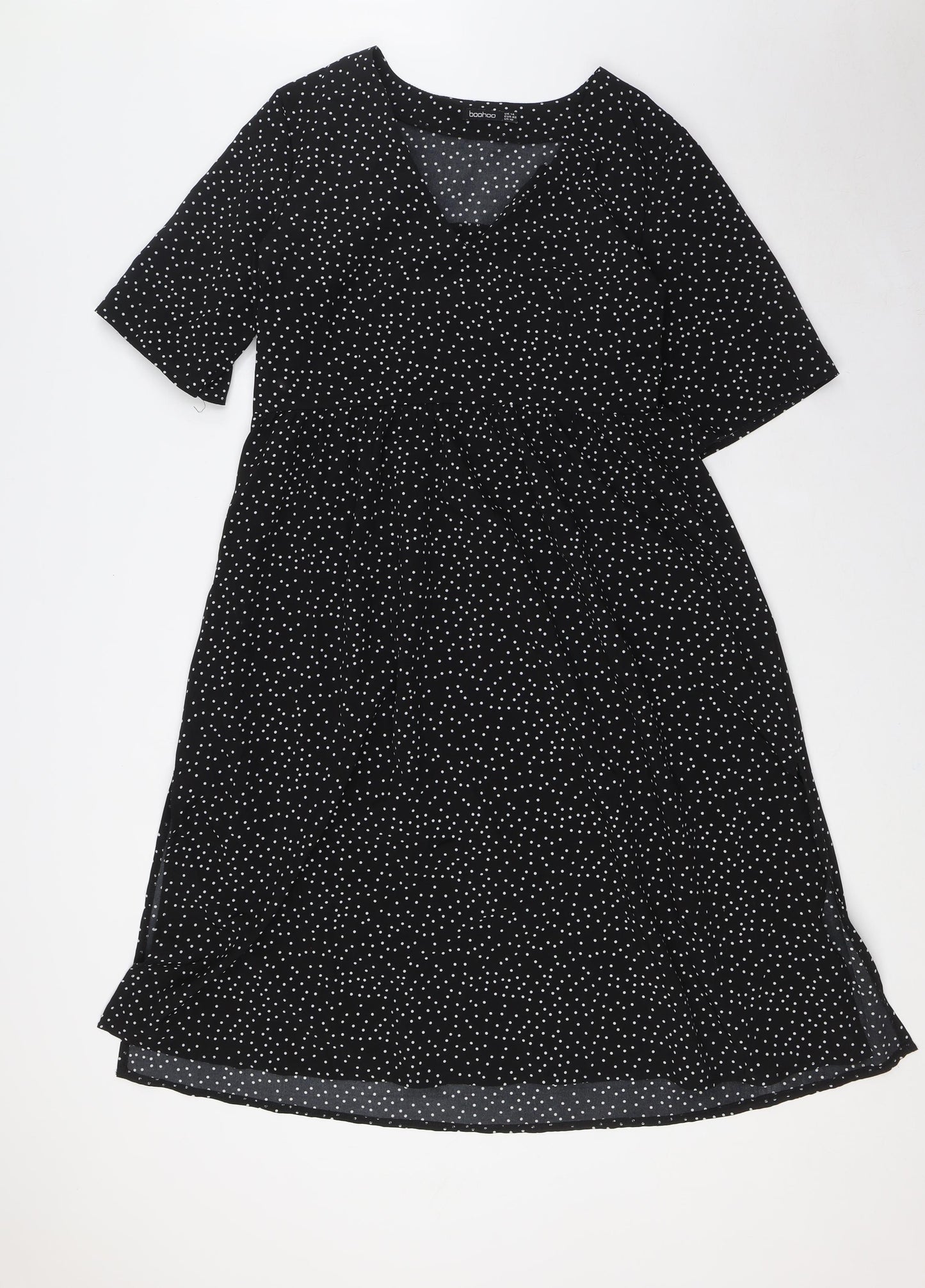 Boohoo Womens Black Polka Dot Polyester A-Line Size 14 V-Neck Zip