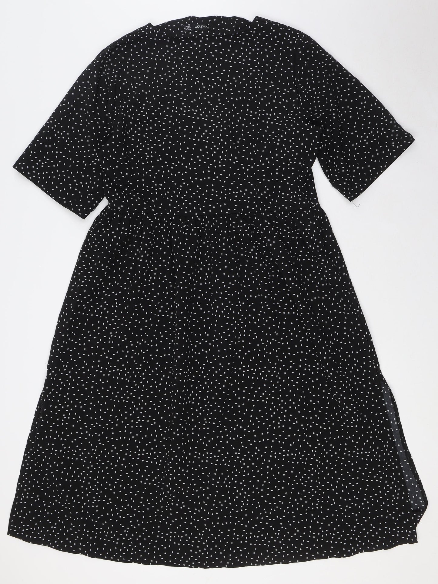 Boohoo Womens Black Polka Dot Polyester A-Line Size 14 V-Neck Zip