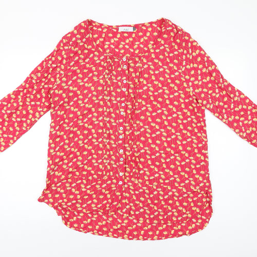 Adini Womens Red Floral Viscose Basic Button-Up Size L Scoop Neck