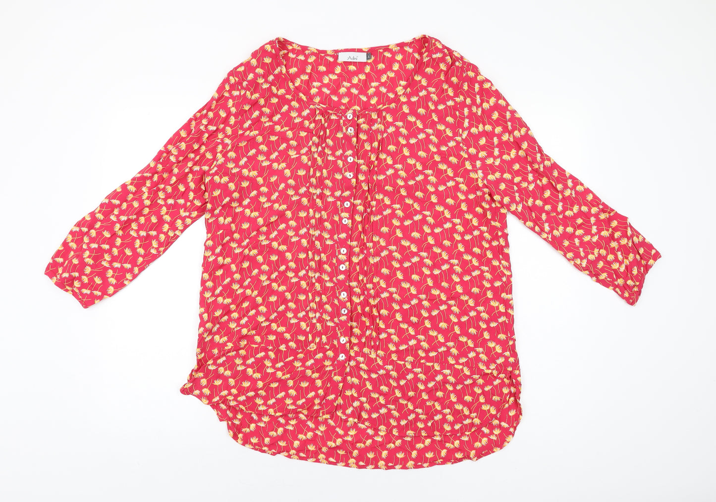 Adini Womens Red Floral Viscose Basic Button-Up Size L Scoop Neck