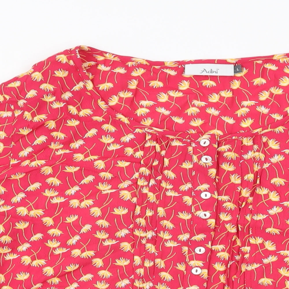 Adini Womens Red Floral Viscose Basic Button-Up Size L Scoop Neck