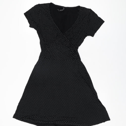 River Island Womens Black Polka Dot Viscose Skater Dress Size 14 V-Neck Pullover