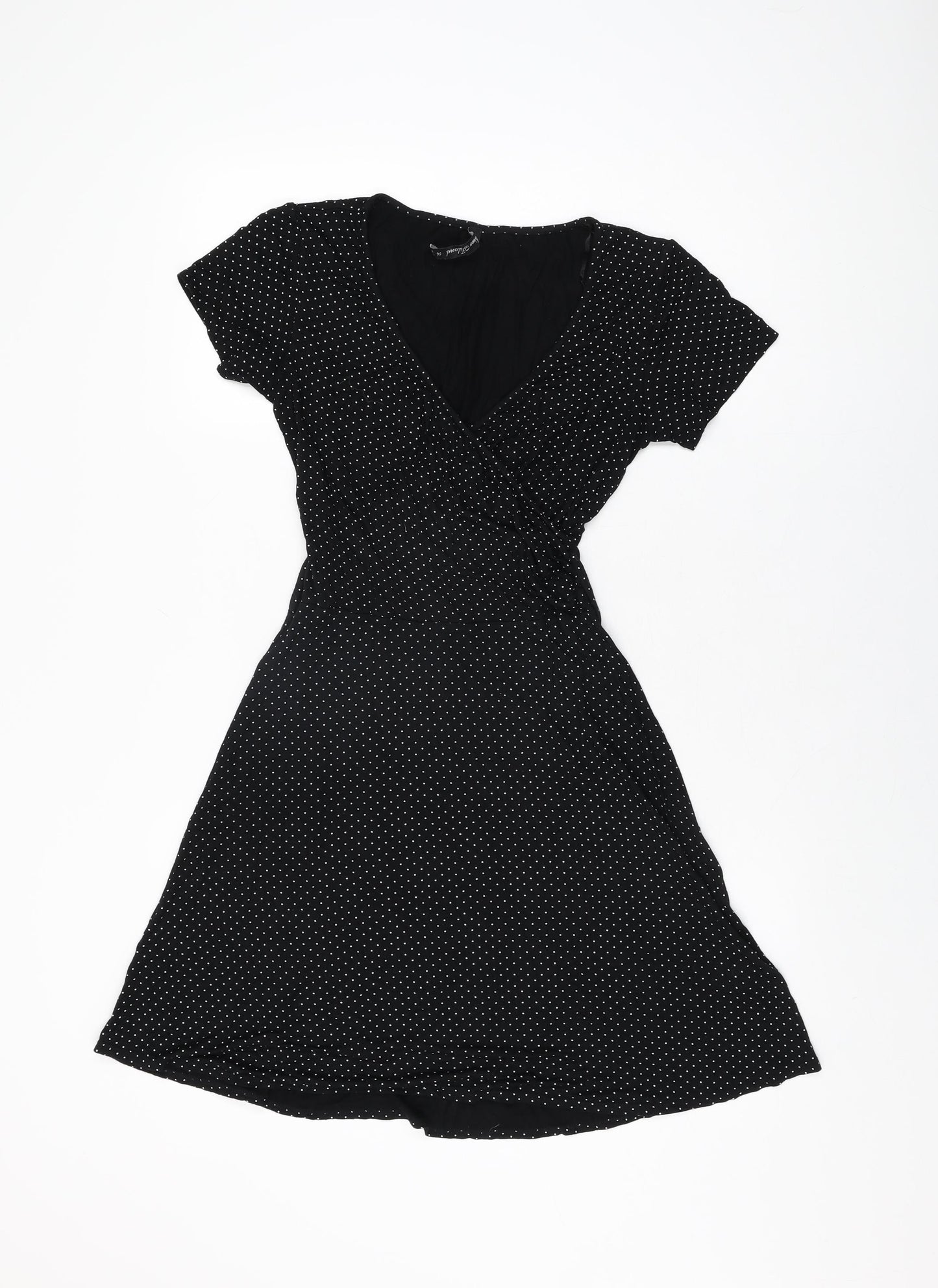 River Island Womens Black Polka Dot Viscose Skater Dress Size 14 V-Neck Pullover