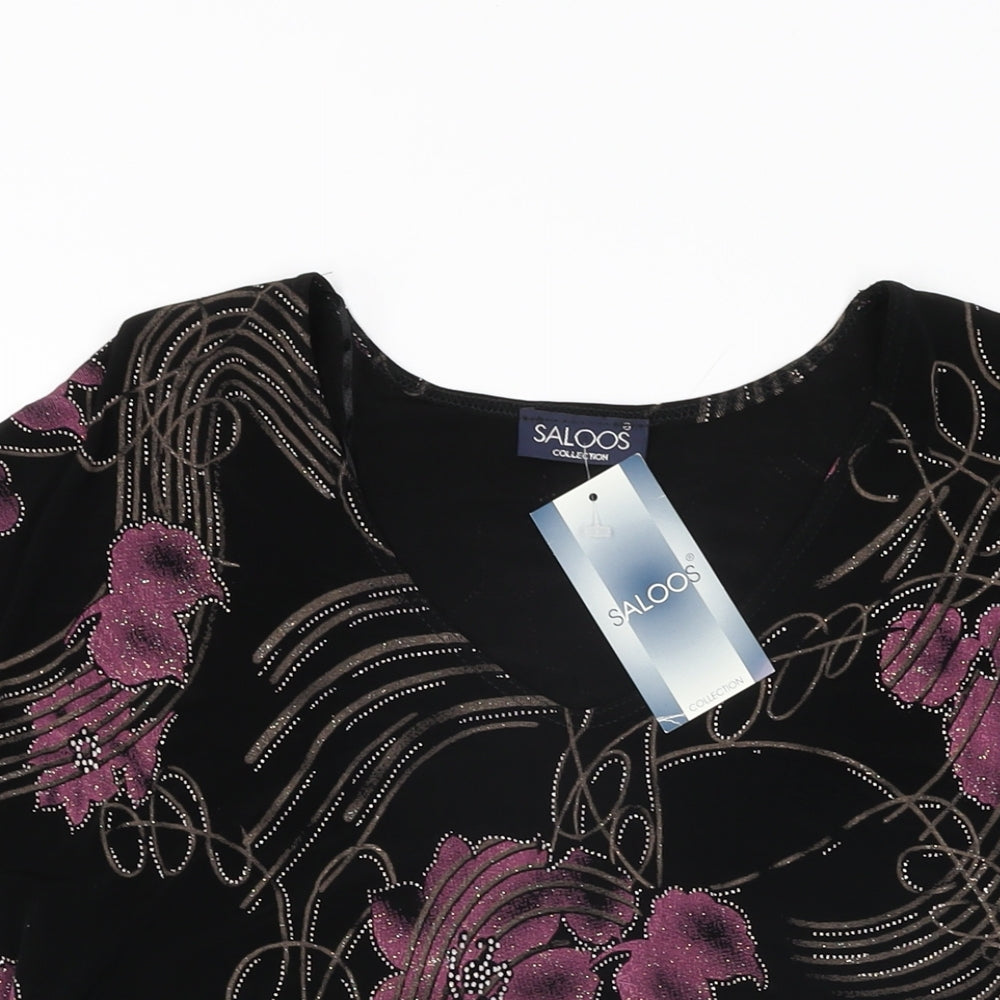 Saloos Womens Black Floral Polyester Basic T-Shirt Size L V-Neck