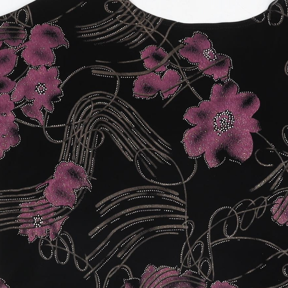 Saloos Womens Black Floral Polyester Basic T-Shirt Size L V-Neck