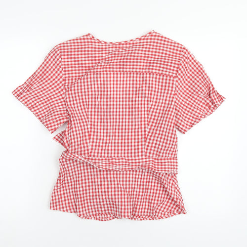 Max Studio Womens Red Check Cotton Wrap T-Shirt Size L V-Neck