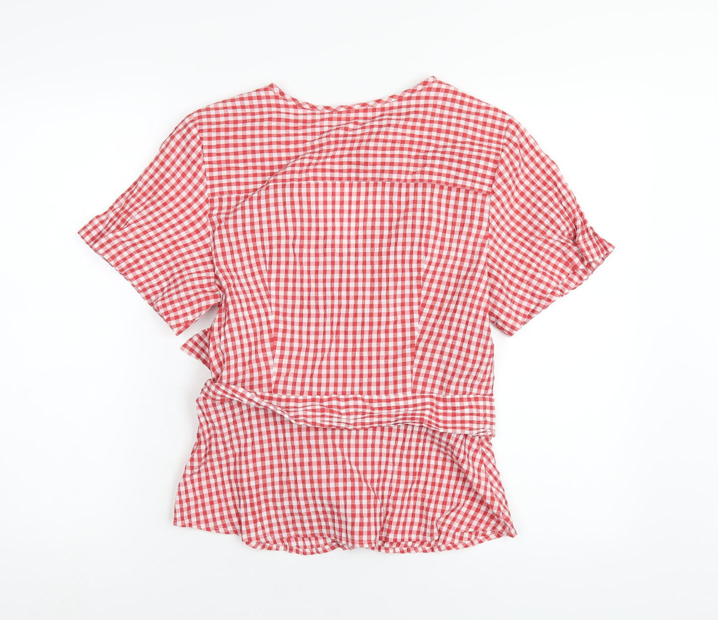 Max Studio Womens Red Check Cotton Wrap T-Shirt Size L V-Neck