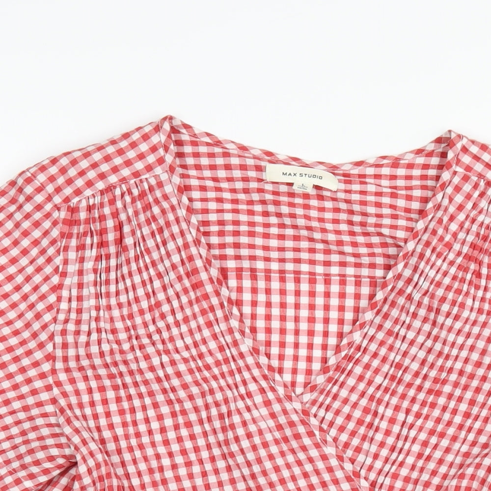 Max Studio Womens Red Check Cotton Wrap T-Shirt Size L V-Neck