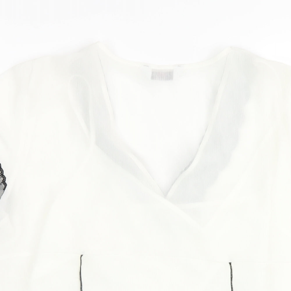 Marks and Spencer Womens White Polyester Basic Blouse Size 16 V-Neck - Lace Trim