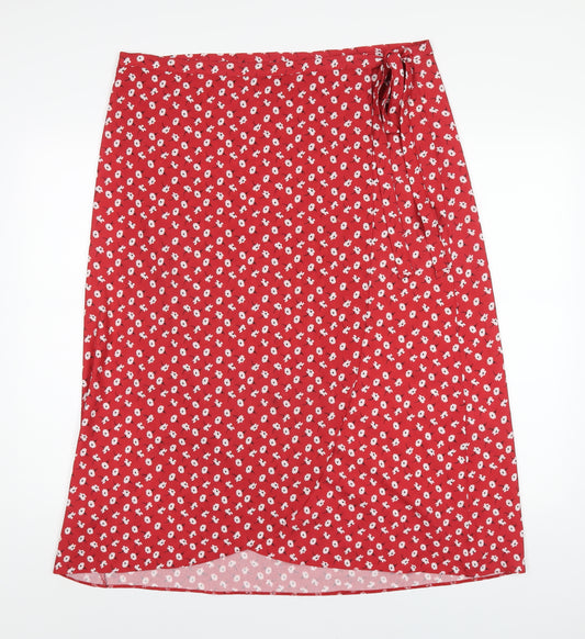 New Look Womens Red Floral Polyester Wrap Skirt Size 16 Button