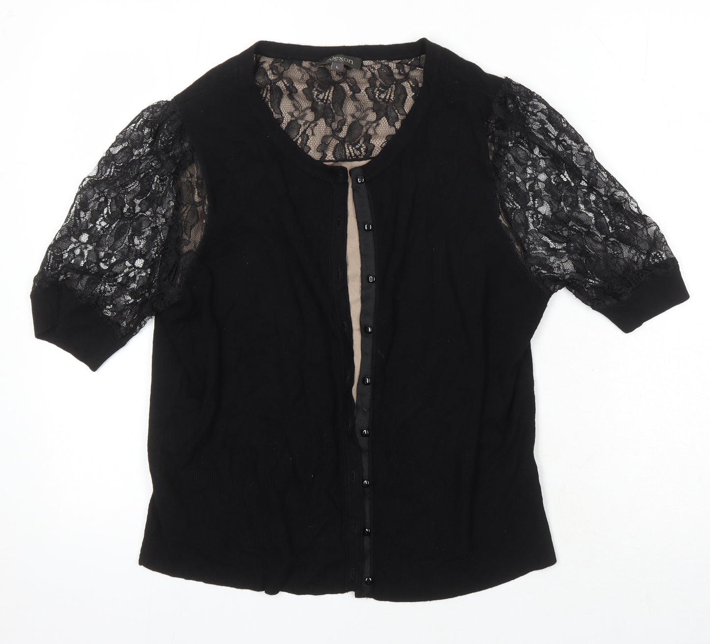 Alexon Womens Black Viscose Basic Button-Up Size L Round Neck - Lace sleeves