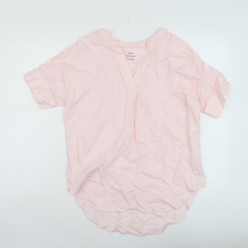 Marks and Spencer Womens Pink Linen Basic Blouse Size 10 V-Neck