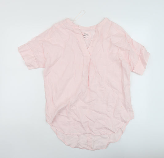 Marks and Spencer Womens Pink Linen Basic Blouse Size 10 V-Neck