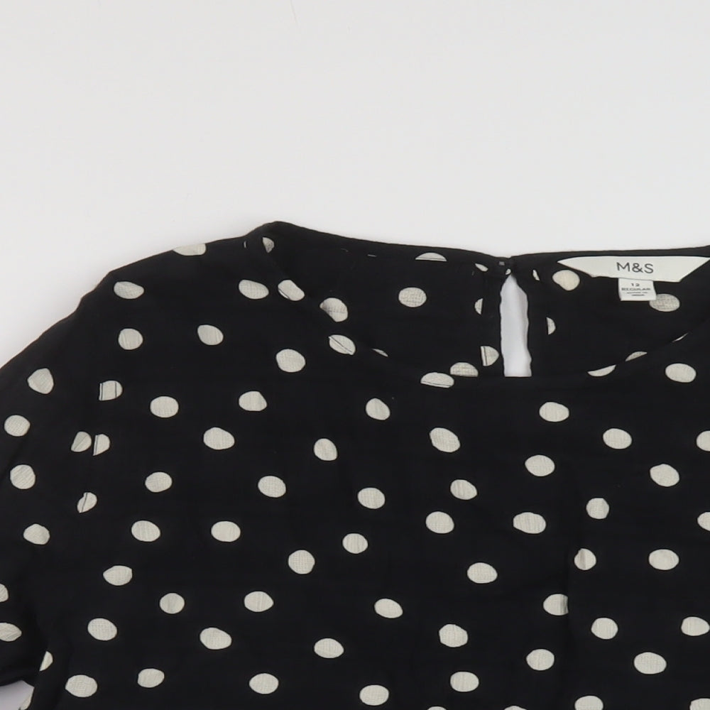 Marks and Spencer Womens Black Polka Dot Viscose Basic Blouse Size 12 Round Neck