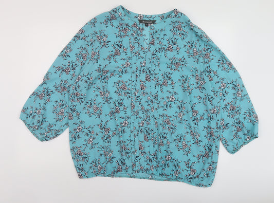 Bonmarché Womens Blue Floral Polyester Basic Blouse Size 22 V-Neck