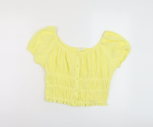 Marks and Spencer Girls Yellow Polyester Basic Blouse Size 13-14 Years Round Neck Button