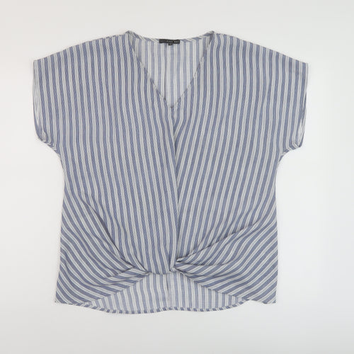 West Kei Womens Blue Striped Polyester Basic Blouse Size 12 V-Neck