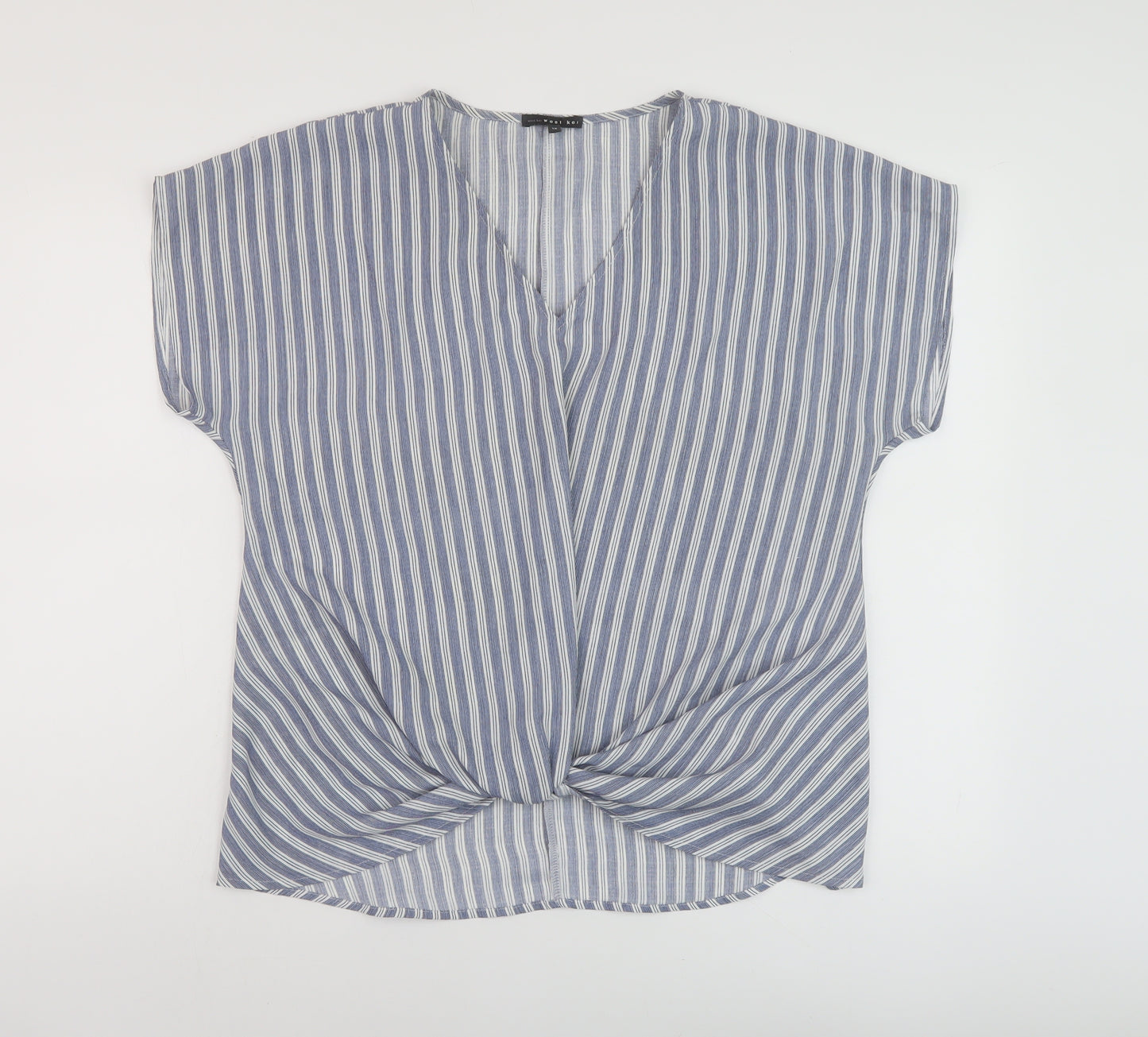 West Kei Womens Blue Striped Polyester Basic Blouse Size 12 V-Neck