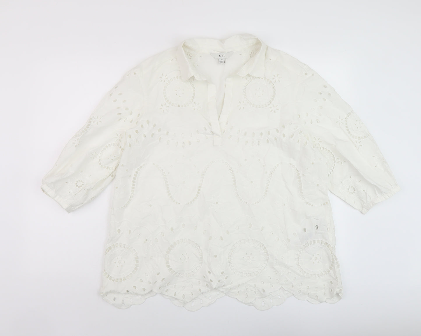 Marks and Spencer Womens White Cotton Basic Blouse Size 12 Collared