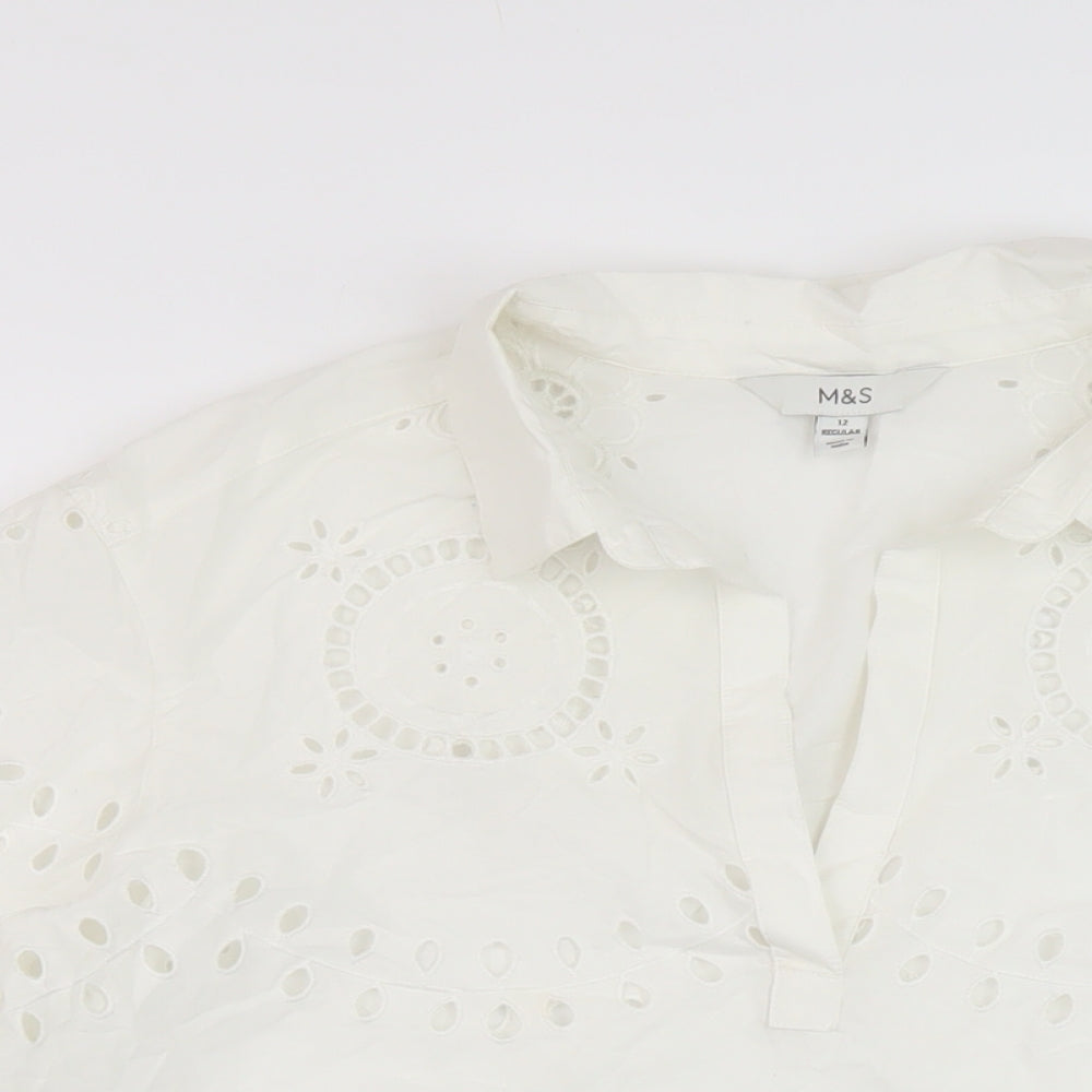 Marks and Spencer Womens White Cotton Basic Blouse Size 12 Collared