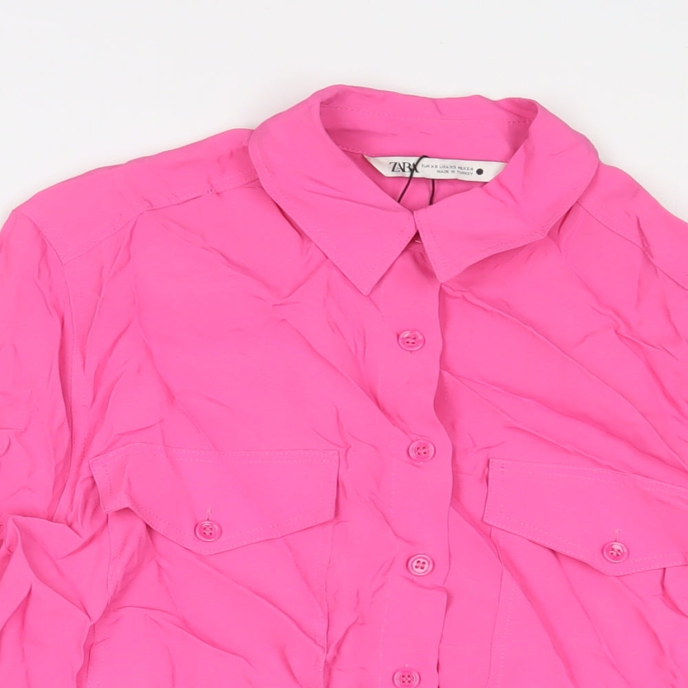 Zara Womens Pink Viscose Basic Button-Up Size XS Collared