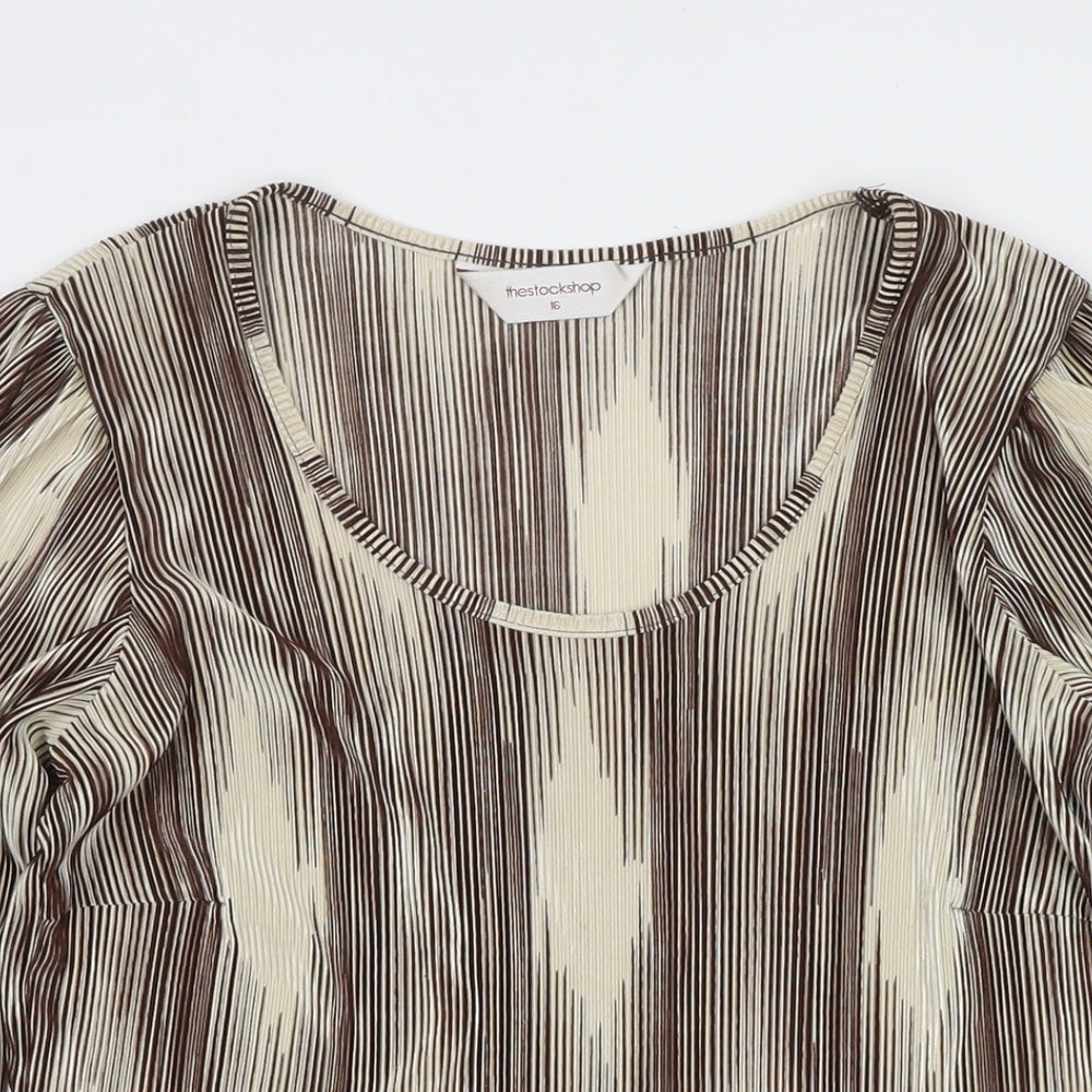 The Stock Shop Womens Beige Striped Polyester Tunic Blouse Size 16 Scoop Neck