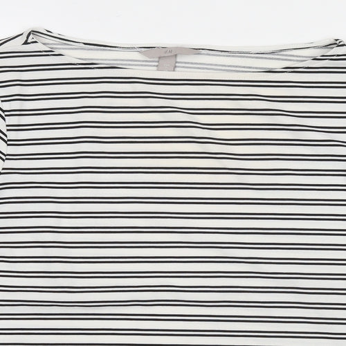 H&M Womens White Striped Polyester Basic Blouse Size L Boat Neck