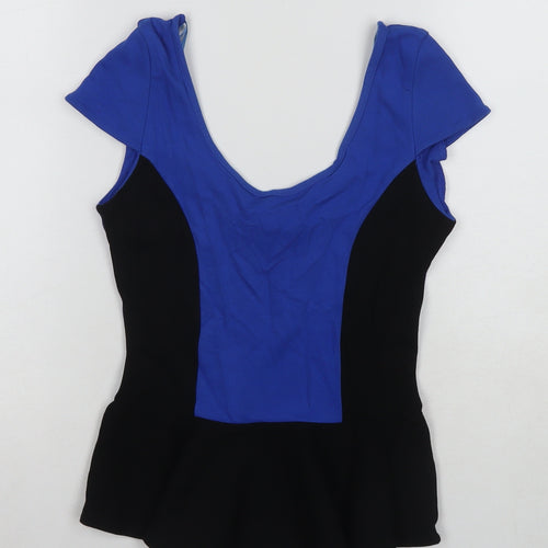 Jane Norman Womens Blue Colourblock Viscose Basic Blouse Size 10 Scoop Neck