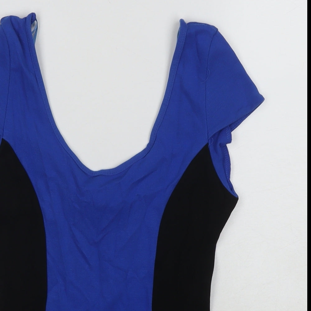 Jane Norman Womens Blue Colourblock Viscose Basic Blouse Size 10 Scoop Neck