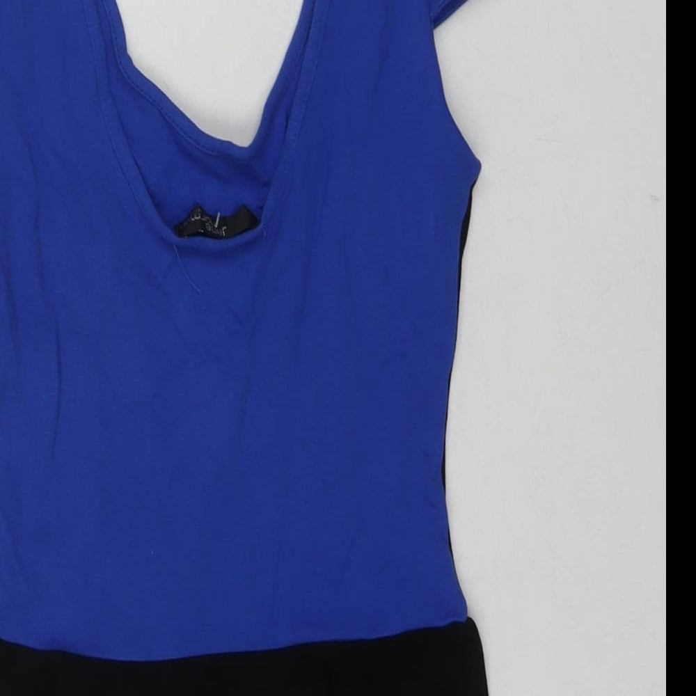 Jane Norman Womens Blue Colourblock Viscose Basic Blouse Size 10 Scoop Neck