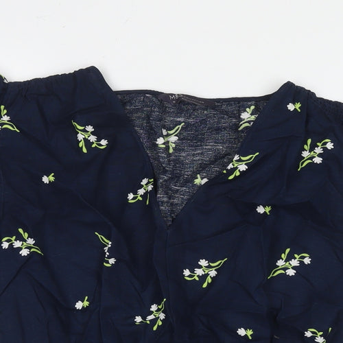 Marks and Spencer Womens Blue Floral Linen Basic Blouse Size 10 V-Neck