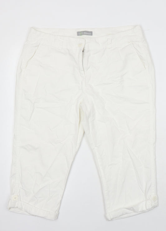 M&S Womens White Cotton Cropped Trousers Size 14 Regular