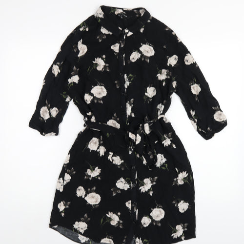 New Look Womens Black Floral Viscose Shirt Dress Size 14 Collared Button