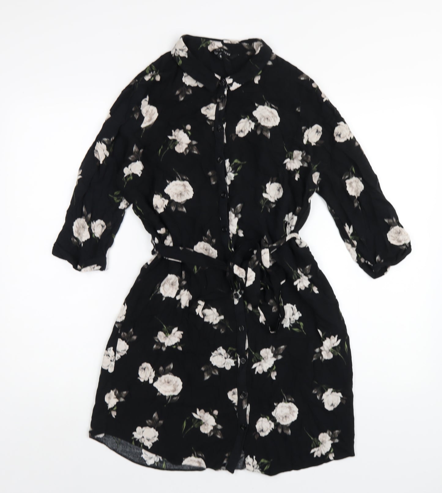 New Look Womens Black Floral Viscose Shirt Dress Size 14 Collared Button