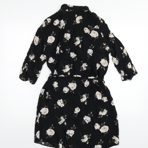 New Look Womens Black Floral Viscose Shirt Dress Size 14 Collared Button