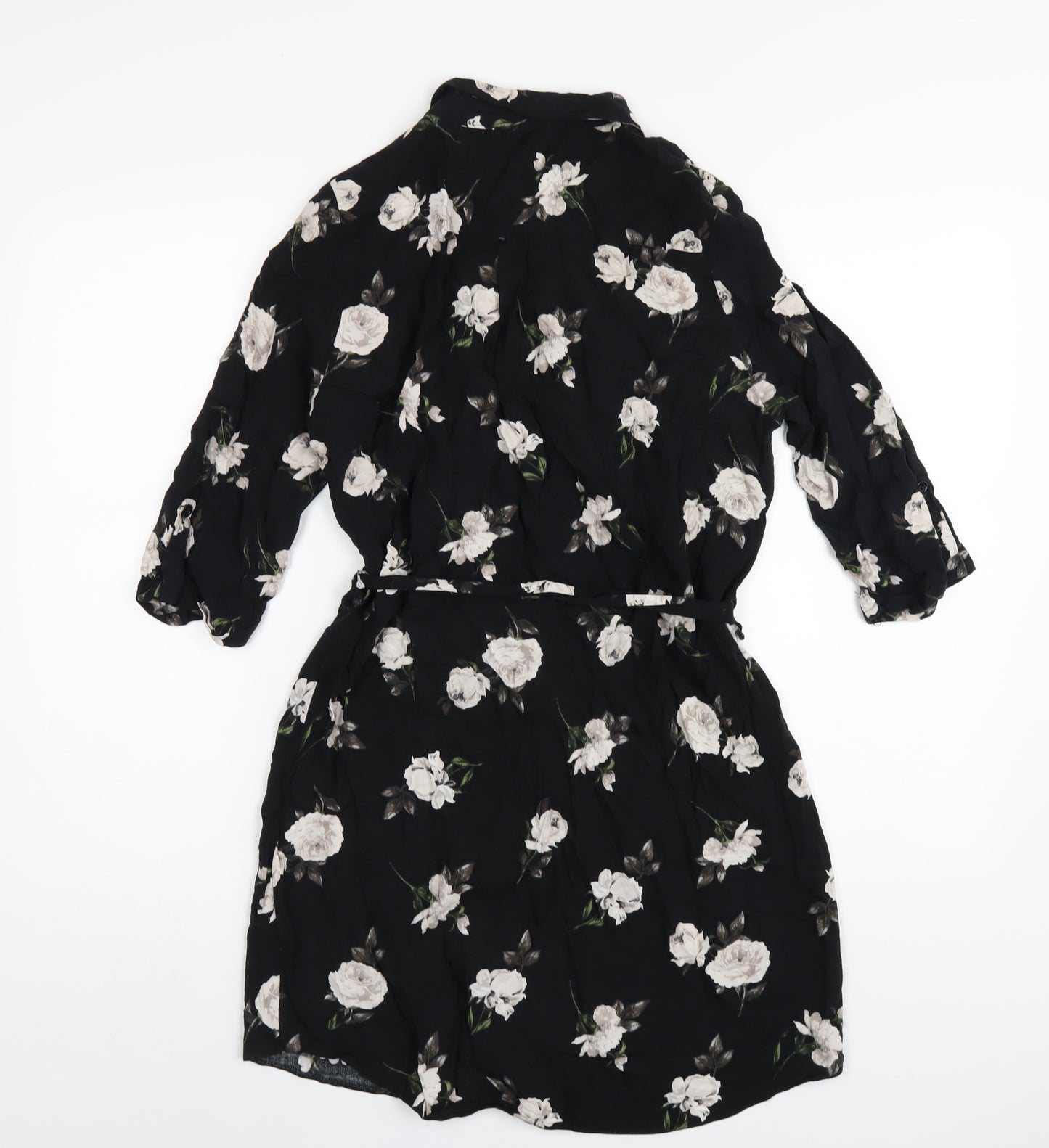 New Look Womens Black Floral Viscose Shirt Dress Size 14 Collared Button