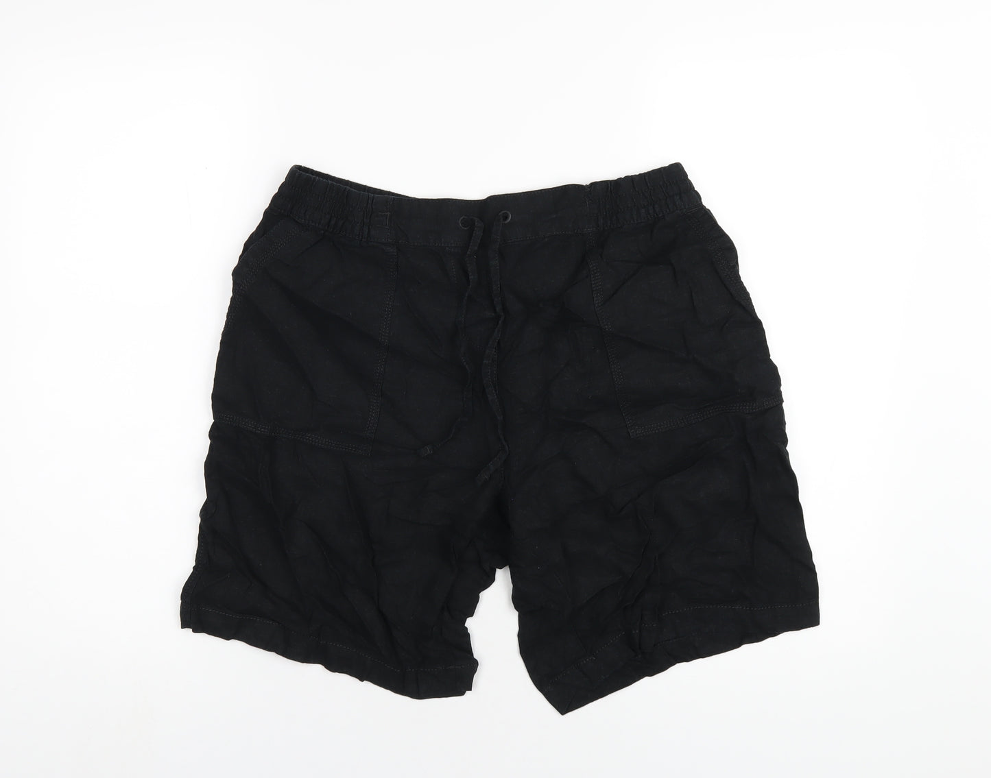 NEXT Womens Black Linen Basic Shorts Size 14 L8 in Regular Drawstring