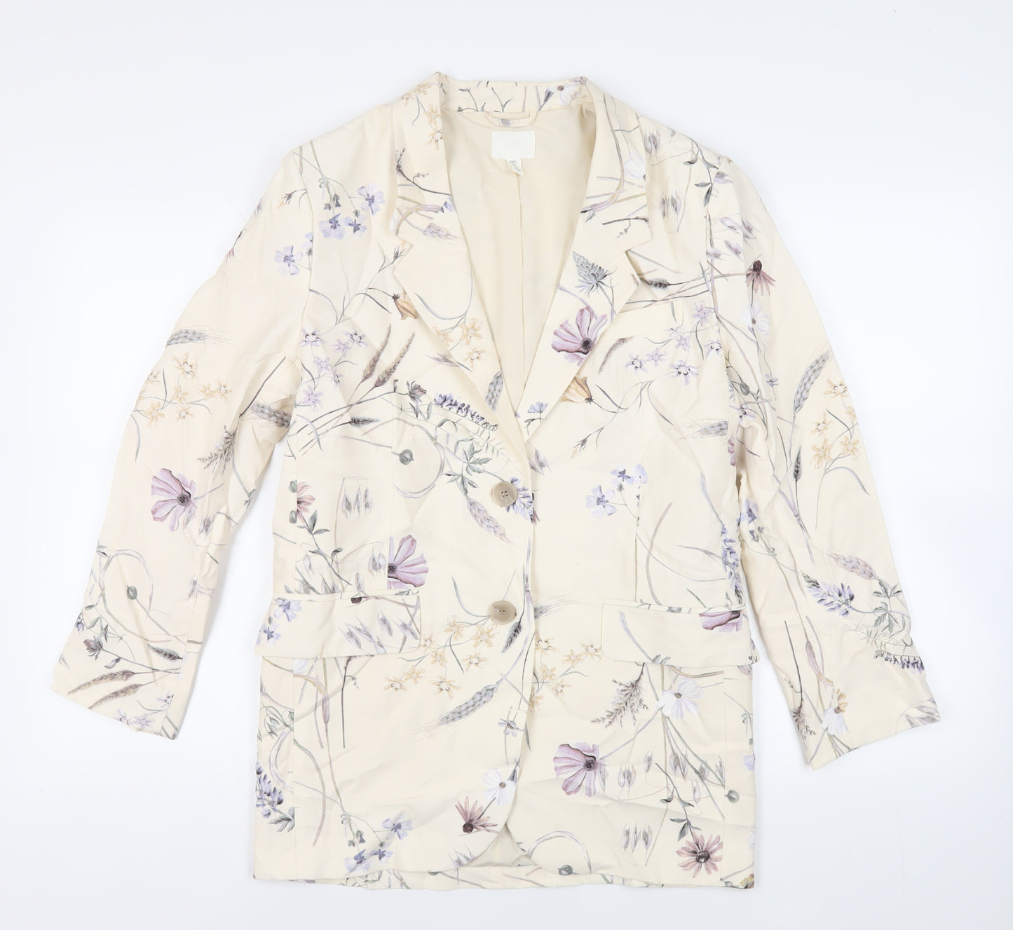 H&M Womens Ivory Floral Jacket Blazer Size S Button