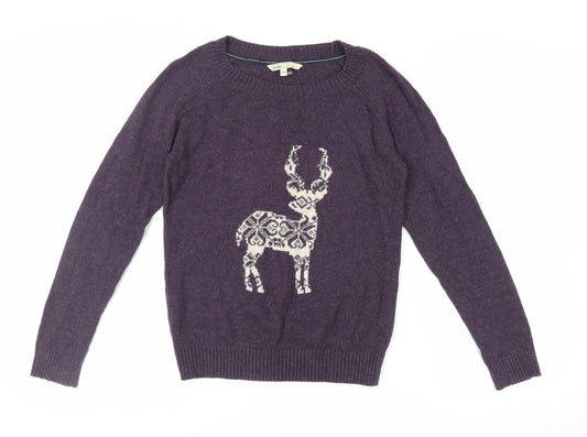 Fat Face Womens Purple Round Neck Cotton Pullover Jumper Size 10 - Reindeer