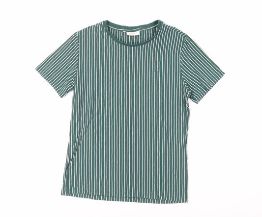 Casual Friday Mens Green Striped Cotton T-Shirt Size S Crew Neck