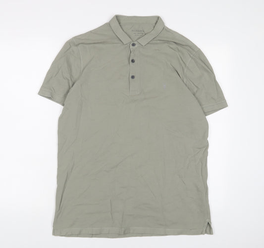 AllSaints Mens Green Cotton Polo Size L Collared Button - Logo, Embroidered