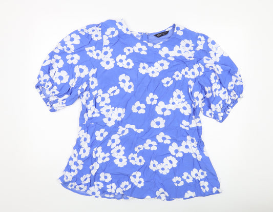 Marks and Spencer Womens Blue Floral Viscose Basic Blouse Size 18 Round Neck