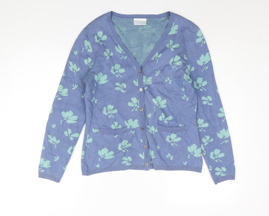 Cotswold Collections Womens Blue V-Neck Geometric Cotton Cardigan Jumper Size S - Floral Print