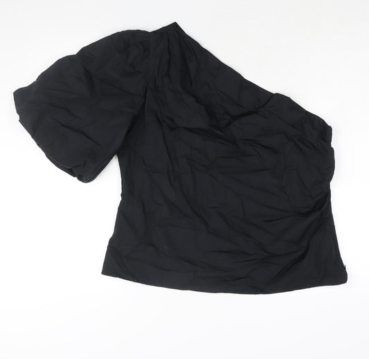 Marks and Spencer Womens Black Cotton Basic Blouse Size 16 One Shoulder - Rouched