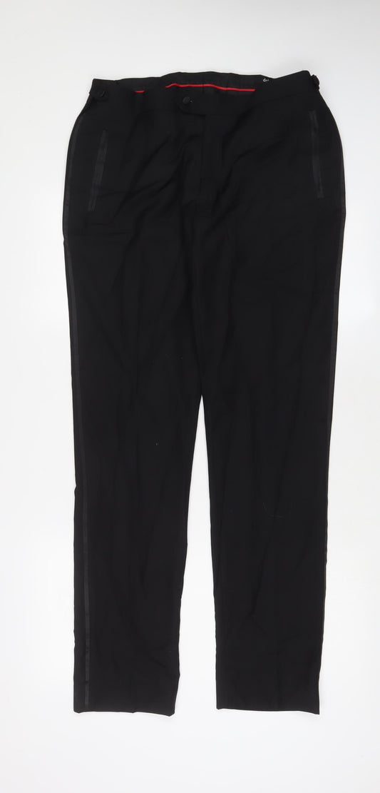 Dobell Mens Black Polyester Trousers Size 34 in L33 in Regular Zip - Long Leg, Pockets